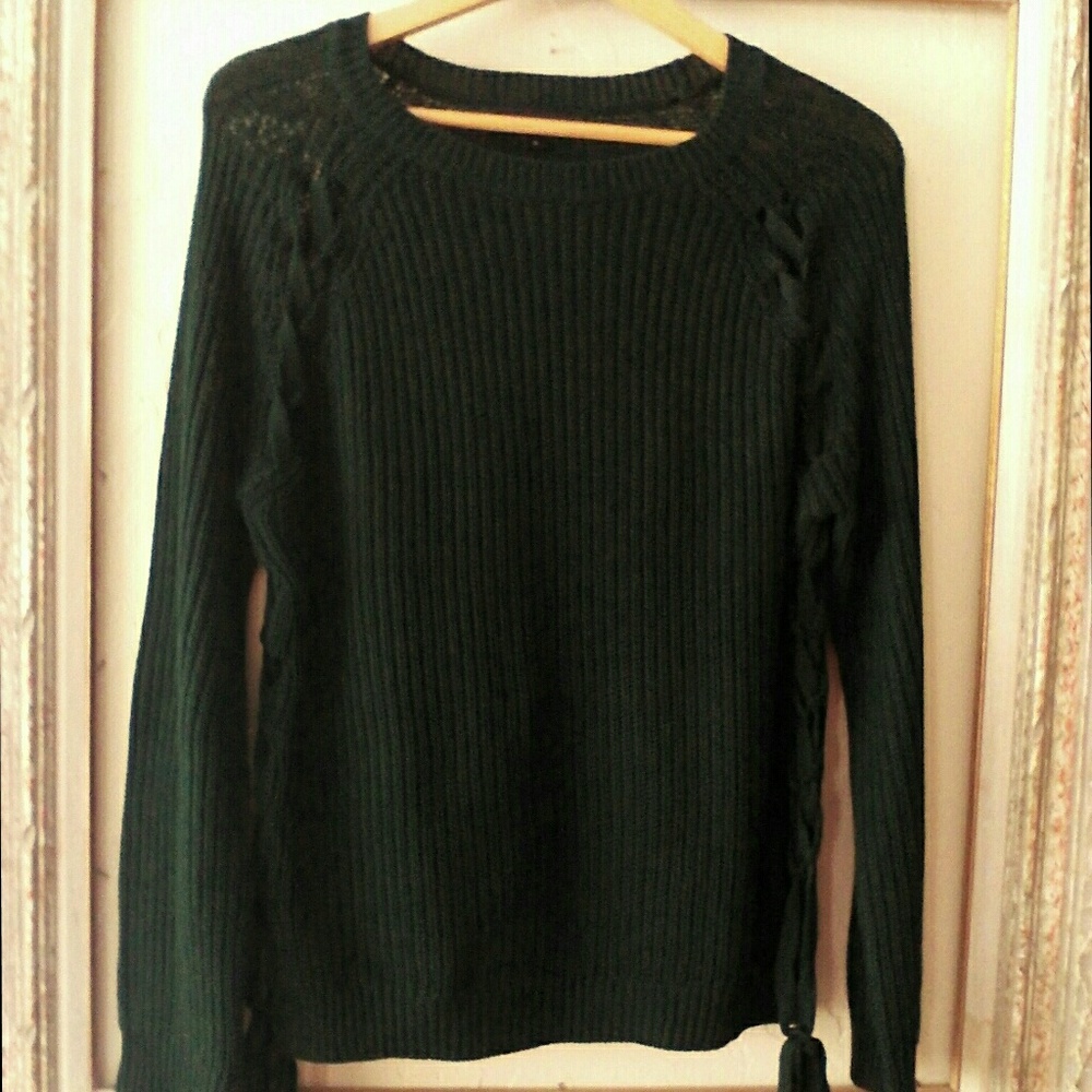 Ambiance Apparel Dark Grreen Lace Up Sweater